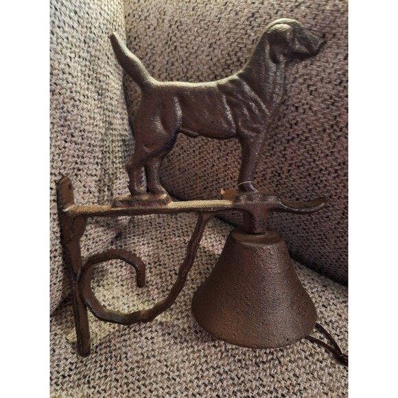 Dog Scroll Dinner Bell Cast Iron Wall Mounted Rustic Antique Brown Finish - Picture 1 of 7
